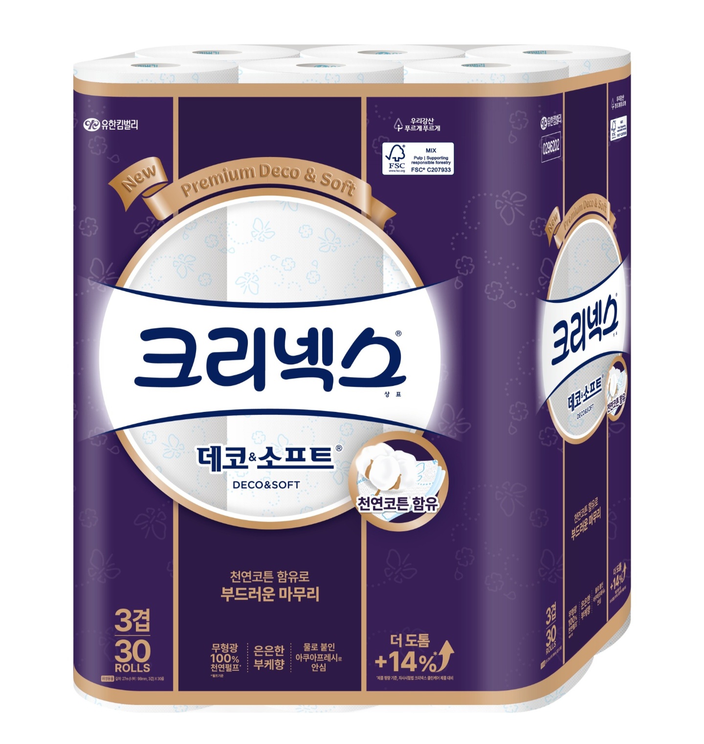 크리넥스 천연펄프 3겹 데코 앤 소프트 화장지 27m 30롤
